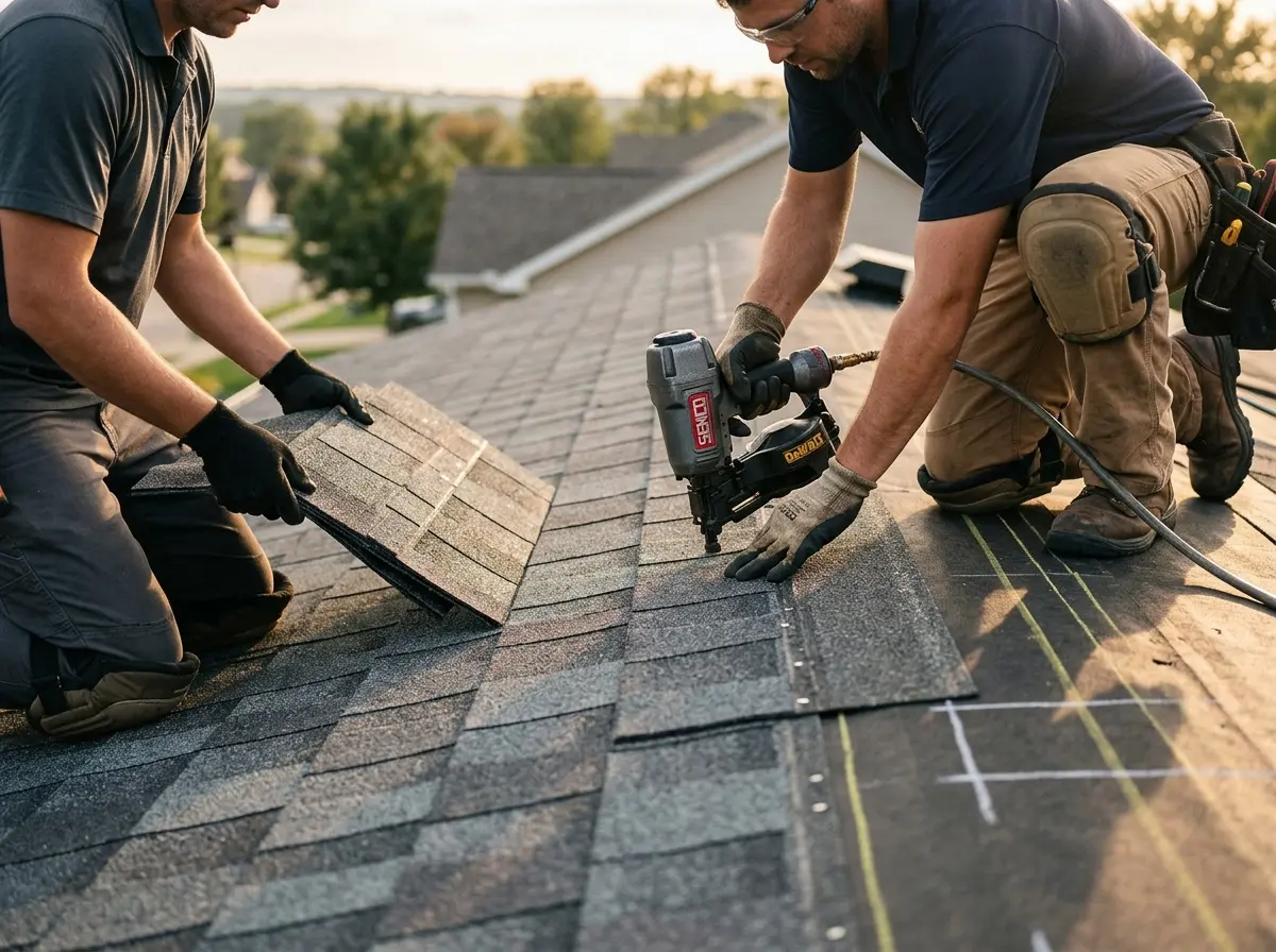 Professional roofer working on a residential roof in Haltom City